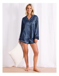 Myer - Luxe Satin Long Sleeve/ Short Pyjama Set in Blue